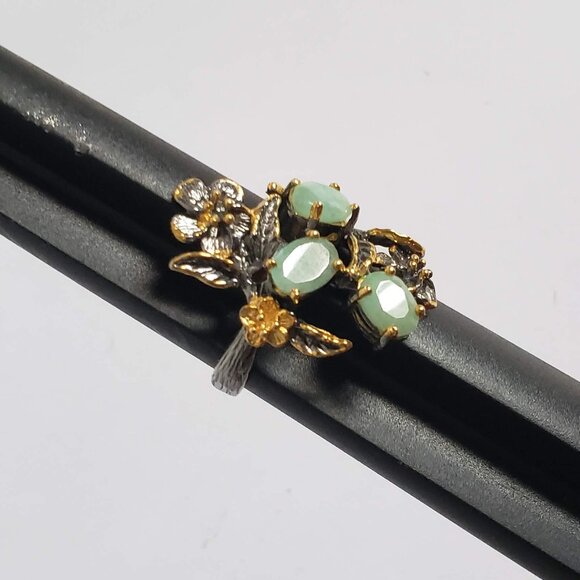 New EMERALD Sterling Silver Ring 925 Floral Artisan Gold Accents - Picture 14 of 15